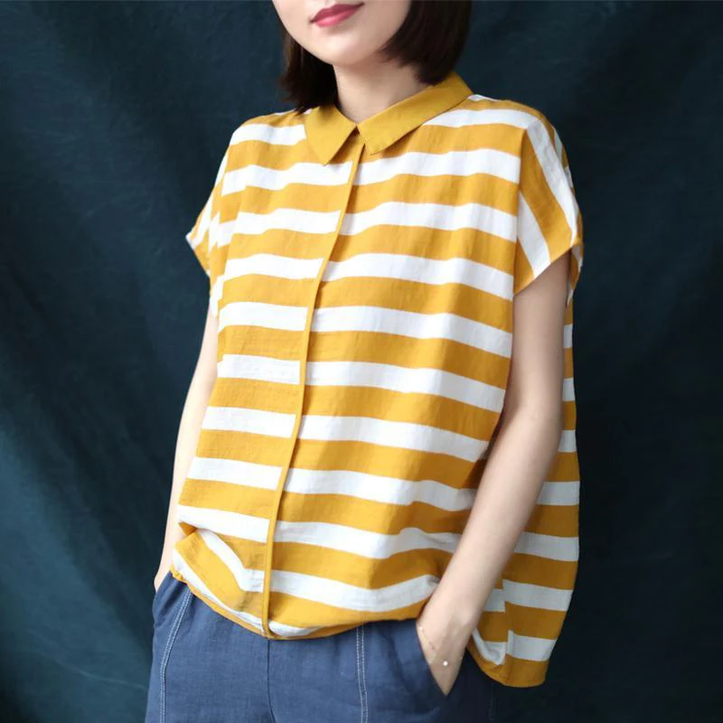 

2020 Summer New Arts Style Women Loose Striped Shirts Peter Pan Collar Short Sleeve Casual Blouses Plus Size Blusas Mujer S966