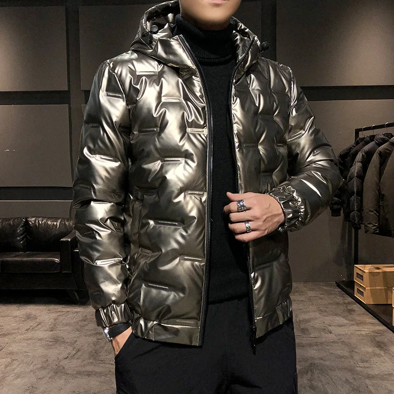 Men's Winter White Duck Down Down Coat Cotton Fashion Luster Quilted Hooded Coat Loose Casual Thickened Zipper Jacket Waterproof