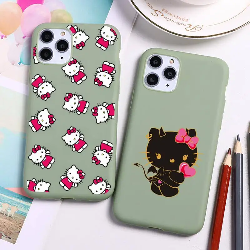 

Cute Hello Kitty Phone Case For iphone 13 12 11 Pro Max Mini XS 8 7 6 6S Plus X SE 2020 XR Candy green Silicone cover