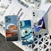 landscape painting phone case for iphone 13 12 11 mini pro max transparent super magnetic magsafe cover