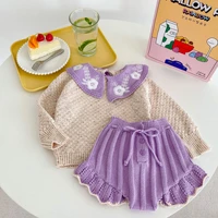 2022 autumn new baby girl knit clothes set embroidery flower sweater shorts 2pcs suit fashion girls princess knitted outfits