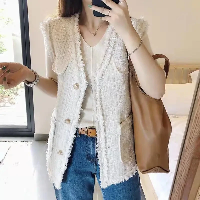 

French Style Fashion Small Fragrance Tweed Vest Jacket Trend V-Neck Single Breasted Sleeveless Coat Women Chic Waistcoat Outwear