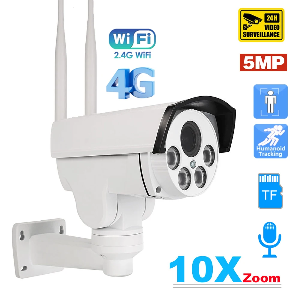 

Outdoor IP Camera 4G WIFI 5MP 10X Zoom Wireless Bullet PTZ Camera With Audio IR 50m Support Micro TF Card Automatic Tracking