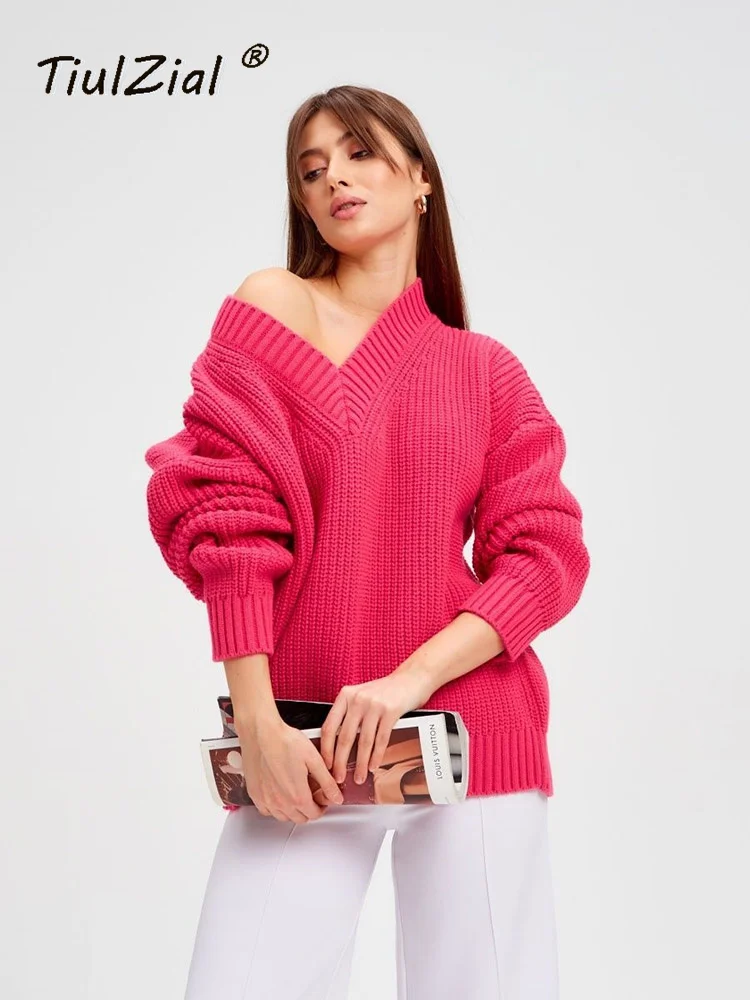 

TiulZial Autumn Women's Oversize Sweater V-neck Solid Vintage Thick Long Sleeve Elegant Jumper Female Warm Knitted Winter Outfit