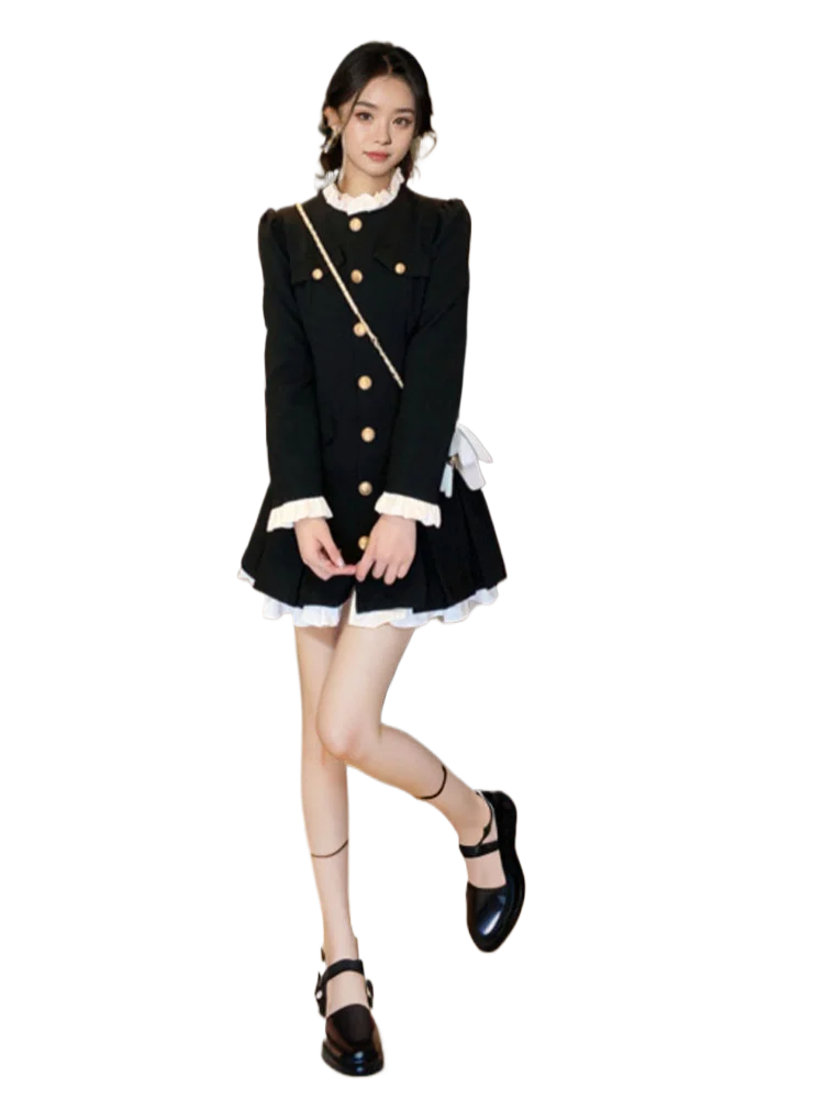 Изящное темно-синее платье в стиле ретро Fujia Qianjin детское осенне-зимнее