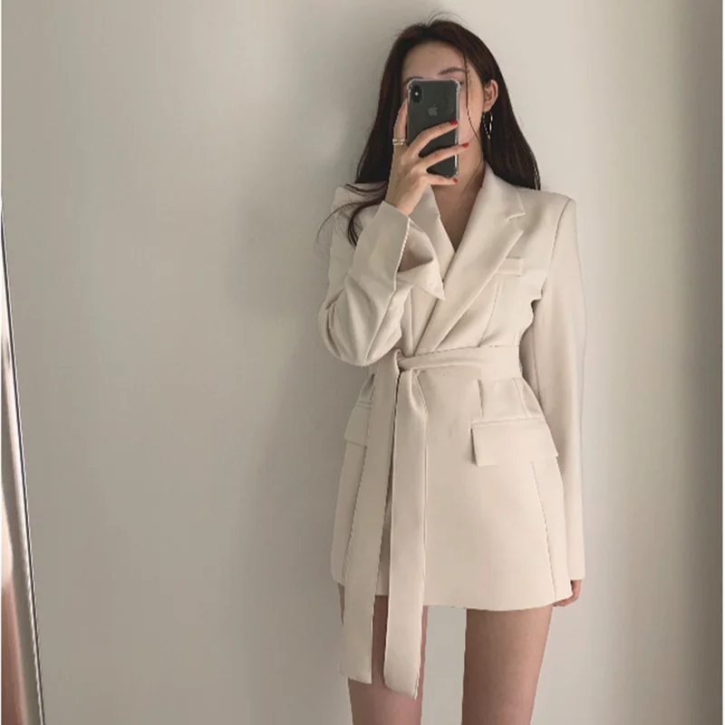 Lace-up Belted Lapel Blazers Women Spring Autumn Slim-fit Blazer Free Belt Cardigan Style 2021 Woman Black Office Work Suits New