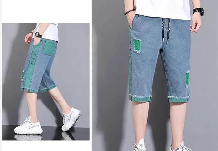 Summer thin Ripped Jeans Men's Slim Beggar Denim  Pants Calf-Length Pants Patchwork Jeans