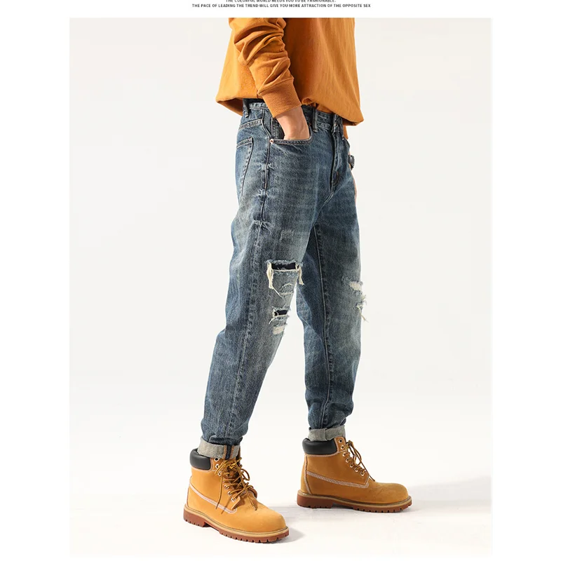 Men Clothing New Pattern Recreational Vintage Blue Hole Jeans Straight Cylinder Loose Street Trousers Autumn and Winter Female
