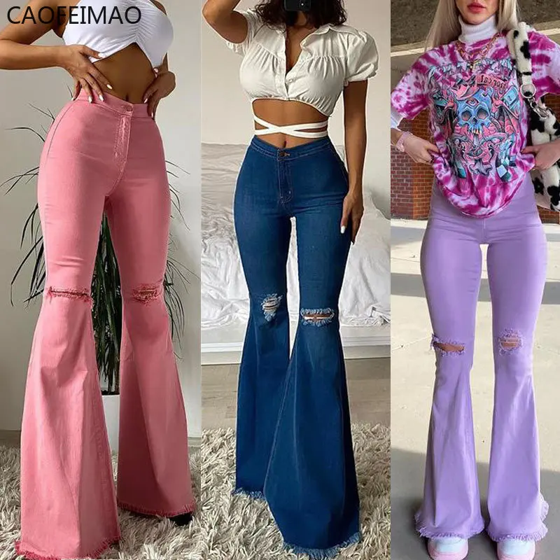 

2023 Spring and Summer Women's Jeans, Butt-lifting, Ripped, Raw Edge Flared Pants, Colorful High-stretch Women's Denim Trousers