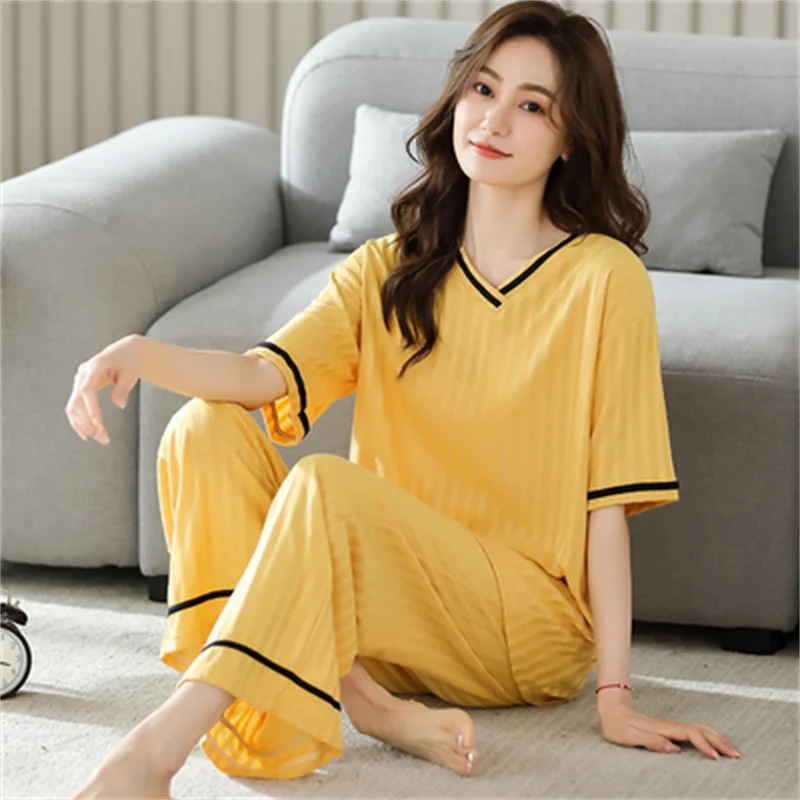 Cute Pajamas Set Soft Sleepwear For Women Elastic Cotton Pyjama Women's Sweet Cartoon V-Neck Homewear Clothes Big Size