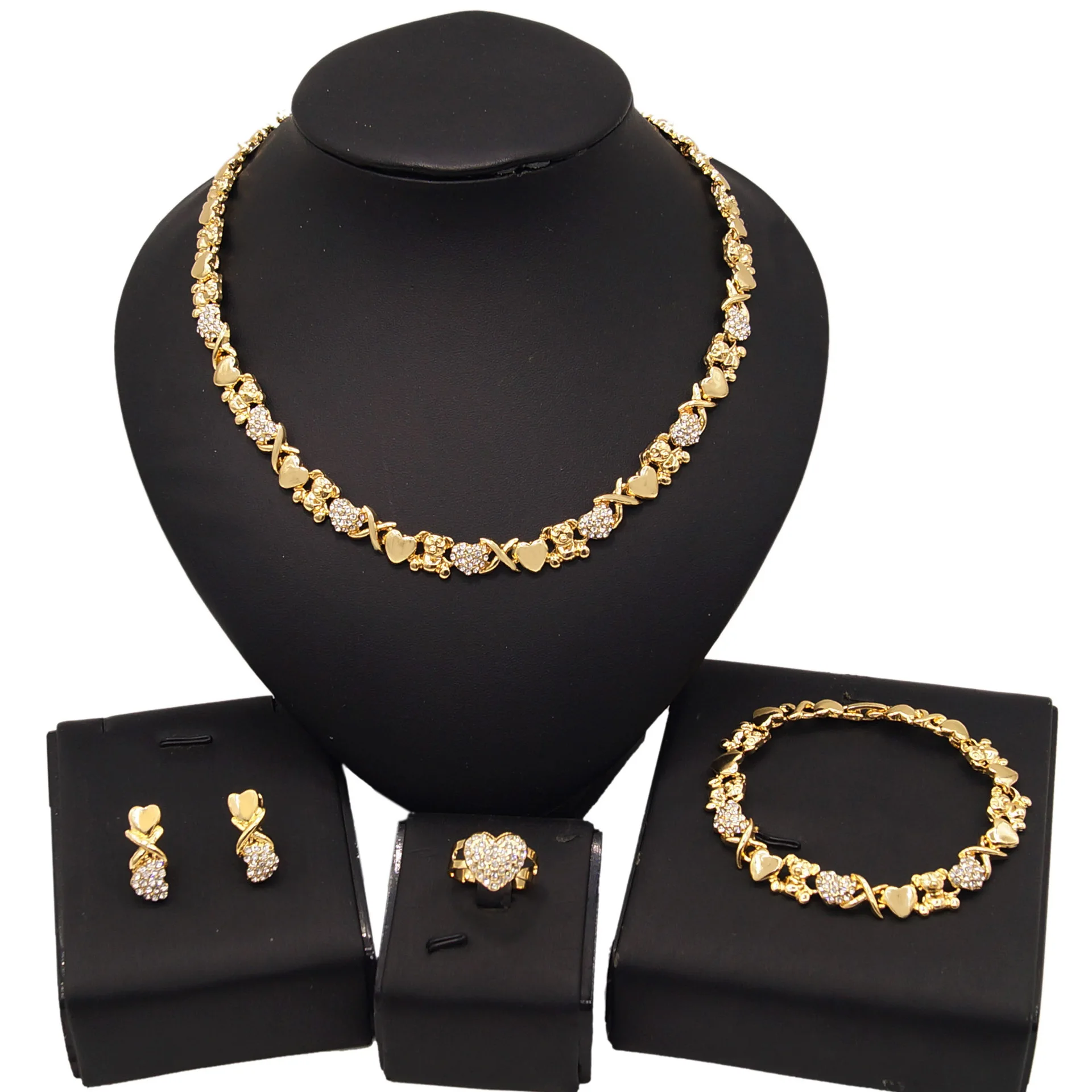 

Fashion Zirconia Jewelry Set Zinc Alloy Necklace Earrings Bracelet Rings Women 4pcs Gold Bridal Jewelry Set for Wedding