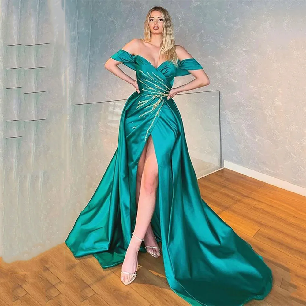 

Msikoods Зеленые Вечерние платья 2023 с открытыми плечами и передним разрезом сексуальное платье для выпускного вечера золотые бусины плиссированные женские вечерние платья