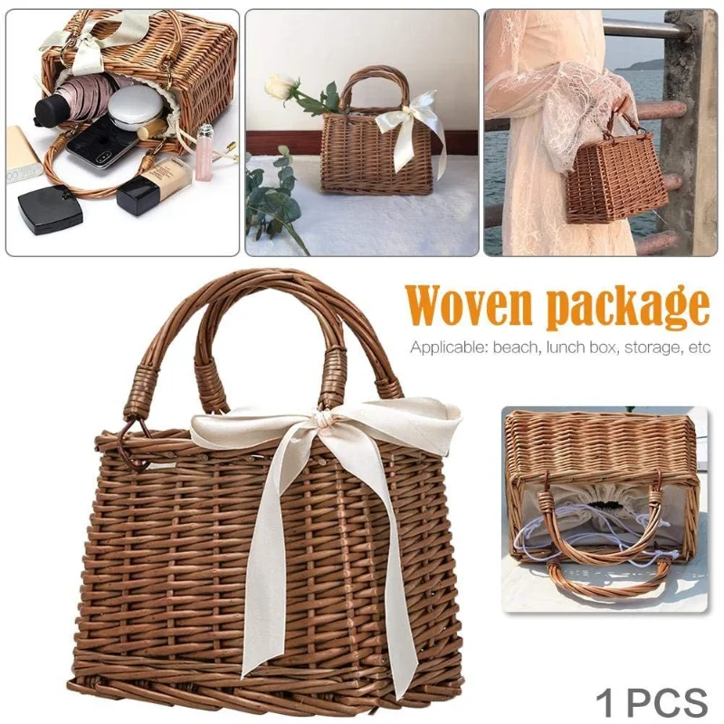 

Willow Woven Vegetable Basket Bag Rattan Woven Flower Basket Bag Square Bag Portable Ribbon Bag Snow Pear Same Bag