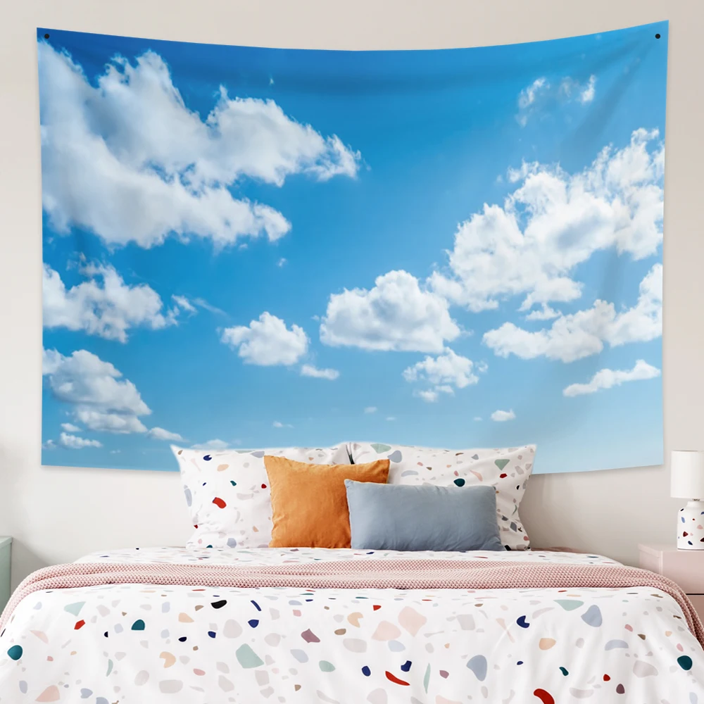 Blue Sky White Cloud Tapestry Wall Hanging Bohemian Psychedelic Wall Decoration Beach Towel Polyester Yoga Blanket images - 6