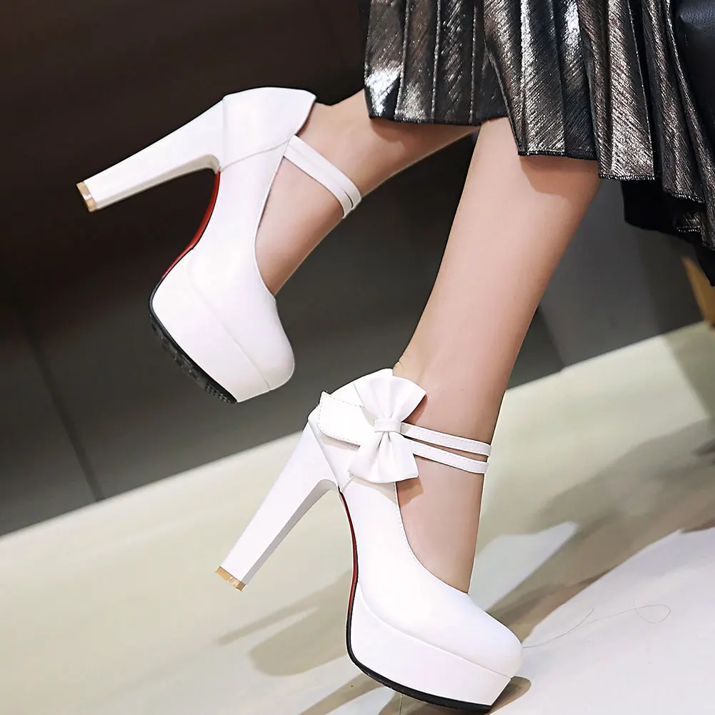 

2021 Sweet Bow Black White Tie Mary Janes Lolita Style High Heels Office Lady Trend Women Shoes Pumps Plus Size 43