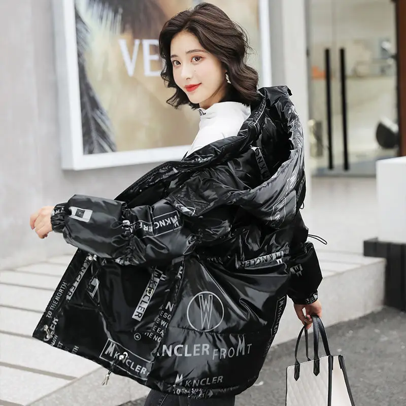 Down Thick Down Jacket for Women 2022 New Hooded Loose Oversize Printed Winter Clothes for Women Coat White Duck Down