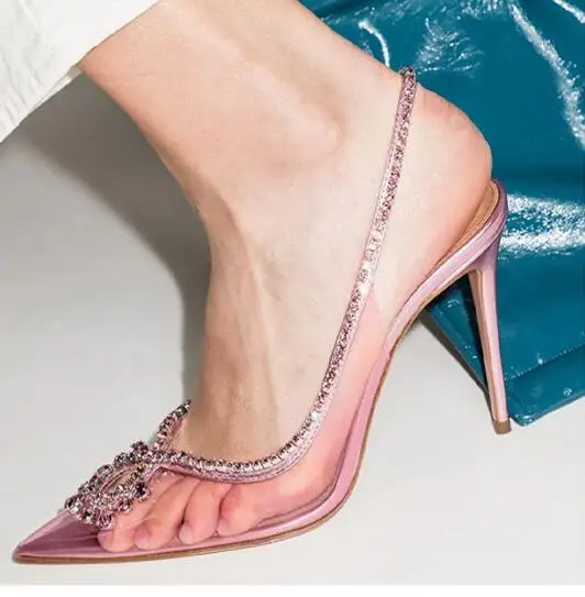 

Seduction crystal-embellished metallic leather clear PVC slingback pumps Plexi Transparent Covered stiletto heel Diamond shoes
