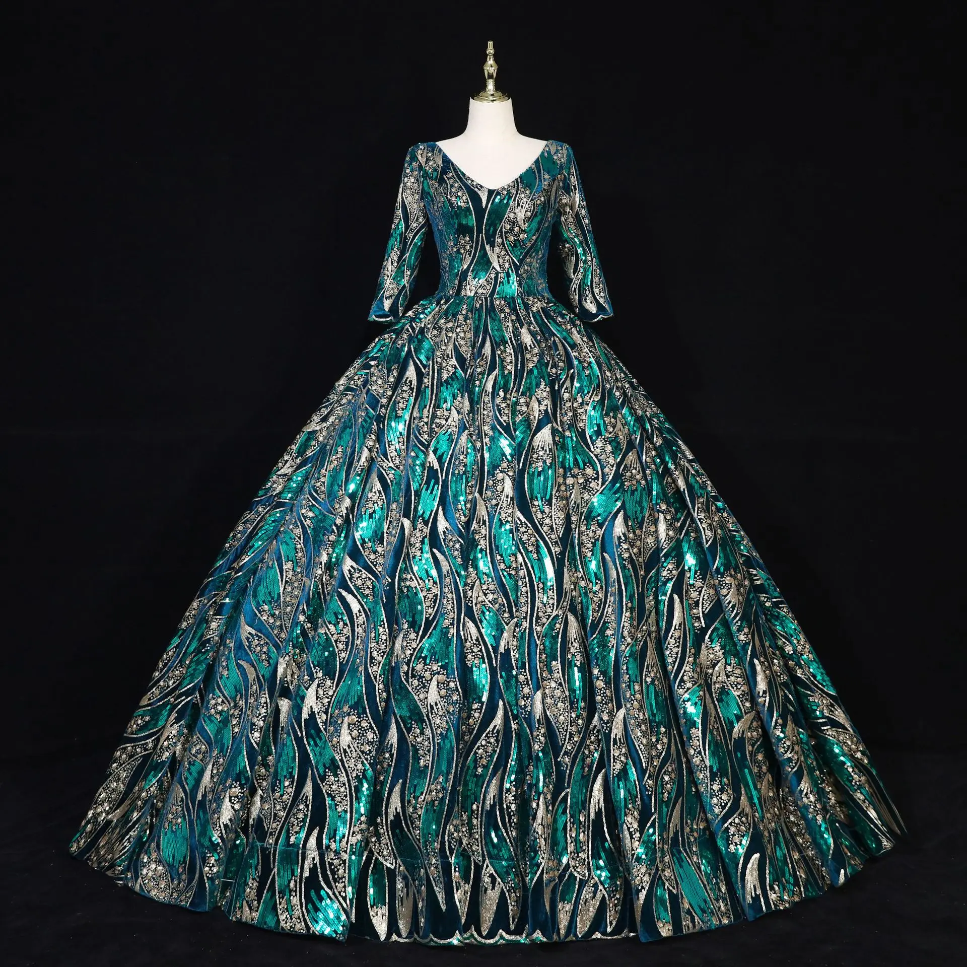 

GUXQD New Design Ball Gown Women Evening Dresses Sequins V-Neck Half Sleeves Prom Party Gowns Formal Vestido De Noche