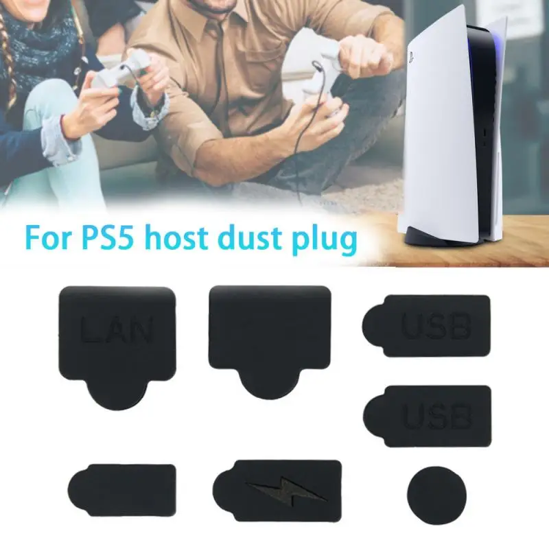 

7pcs Black Silicone Dust Plugs Set for PS5 Game Console USB HDM Interface Anti-dust Cover Dustproof Plug Accessories Parts