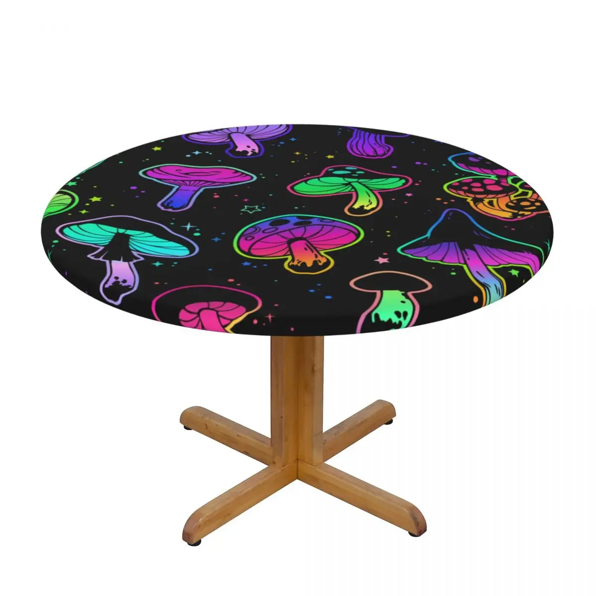 

Round Table Cover Cloth Protector Polyester Tablecloth Bright Psychedelic Mushrooms Table Cover with Elastic Edged