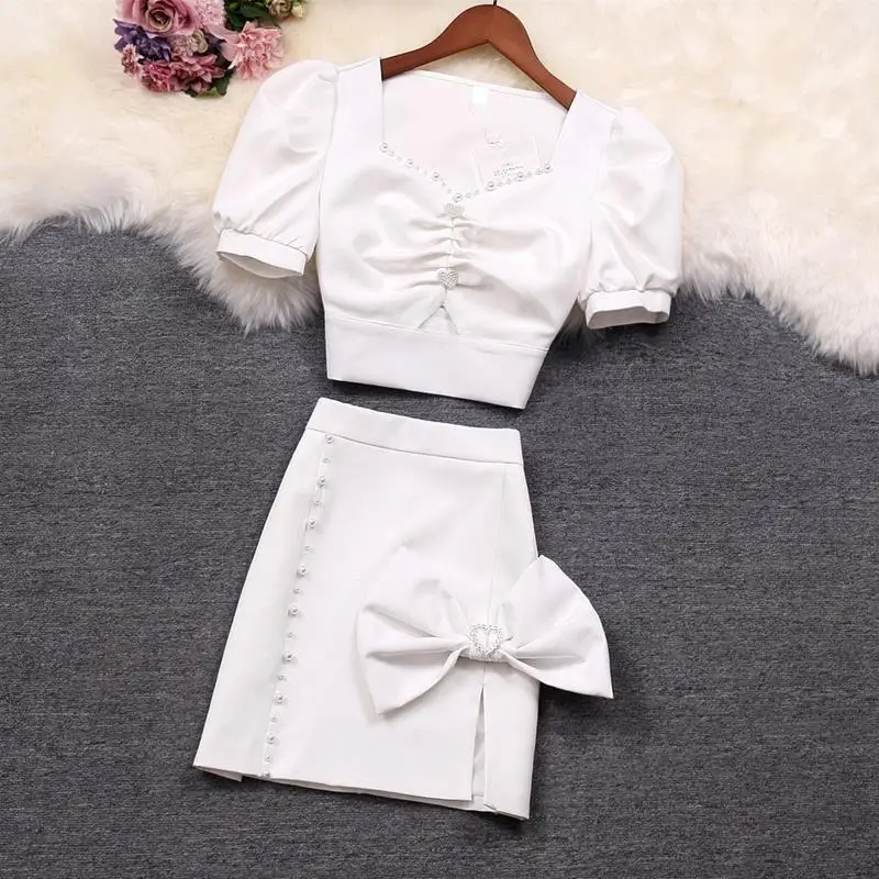

2022 Summer Women Fashion Two Piece Sets Female V-neck Short Sleeve Crop Tops and High Waist Bow Mini Skirts Ladies Suits J85