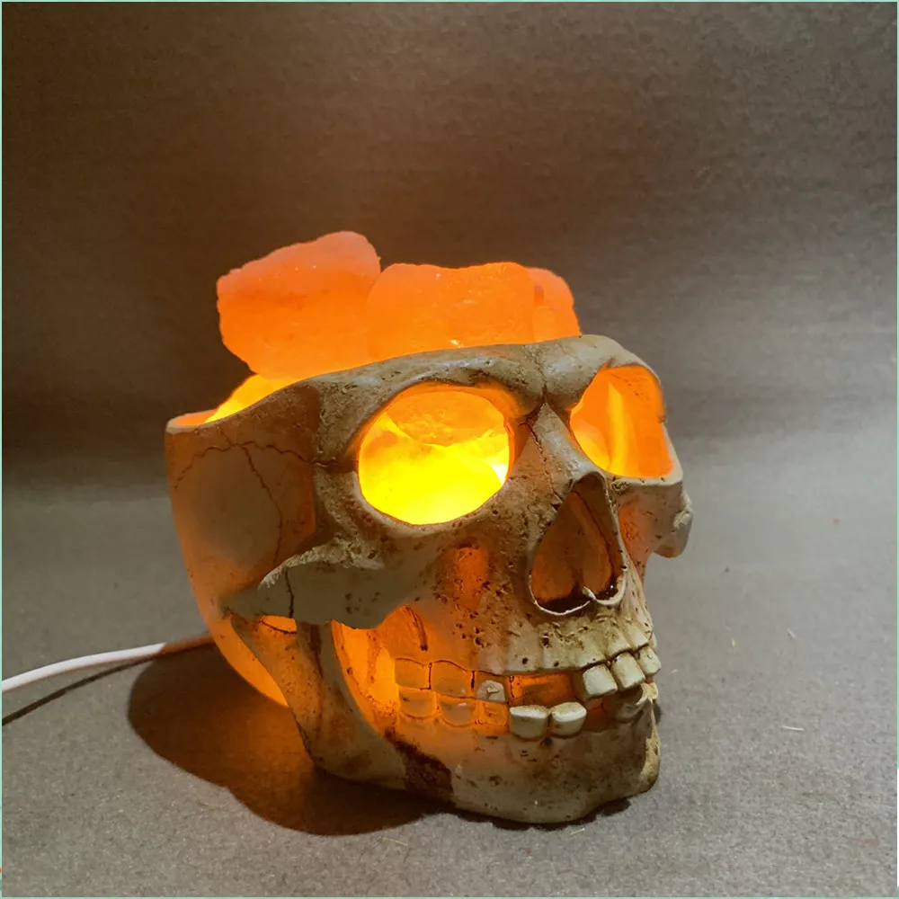 2022 New Skull Salt Stone Lamp Skull Himalayan Crystal Salt Lamp USB Dimmable Halloween Night Light BBQ KTV Bar Decorations