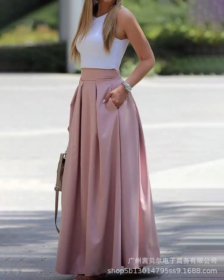 

Casual Women Pink Skirt Suit Two Piece Set 2022 Summer New Solid Color Vest Top & High Waist Long Skirt Sets