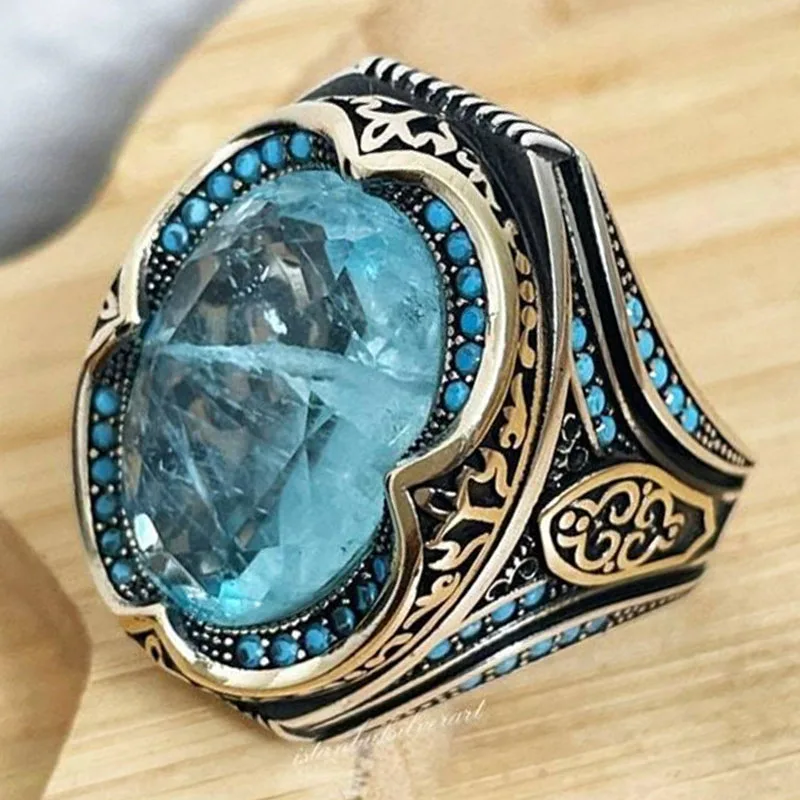 

Pattern Aquamarine Men's Ring Vintage Wedding Men's Ring Set with Large Round Crystal Small Turquoise Fashion Luxury Jewelry