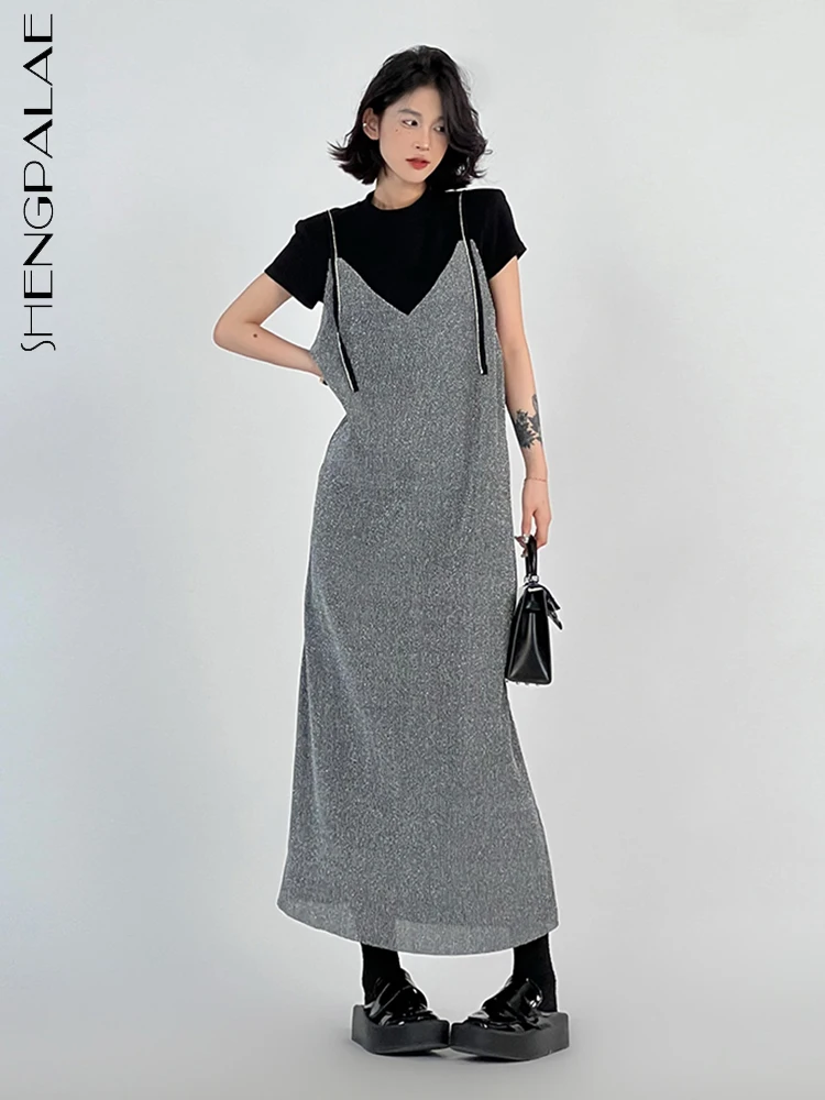 

SHENGPALAE корейское модное серое платье с v-образным вырезом на подтяжках Простой повседневный прямой свободный халат женский 2023 летняя новая о...