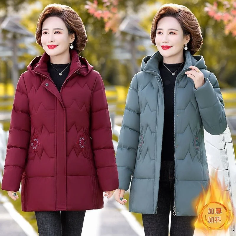 Winter wear new embroidered plush warm medium long cotton coat loose large hooded down cotton coat women's coat