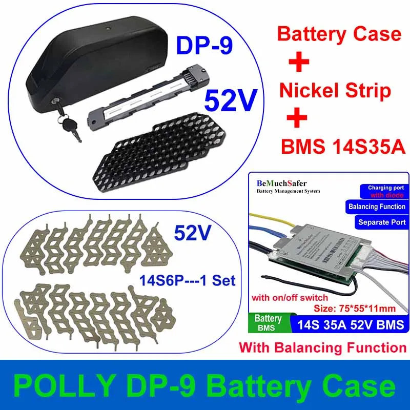 REENTION POLLY DP-9 Battery Case 36V 48V 52V 60V 72V Fit 91PCS 18650 Cells Box Nickel Strip BMS for DIY Downtube E-Bike Battery