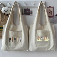 handbag womens commuter bag shoulder bag cartoon cute pattern print series beige canvas bag tote bag shopping student fashion