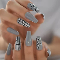 nail art false nails coffin grey press on medium long with designs fake nails stick on nail display faux ongles shimmer