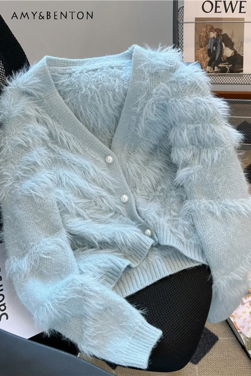 

Новый вязаный кардиган на осень и зиму, мягкий короткий свитер с V-образным вырезом и имитацией клейкого меха норки для женщин
