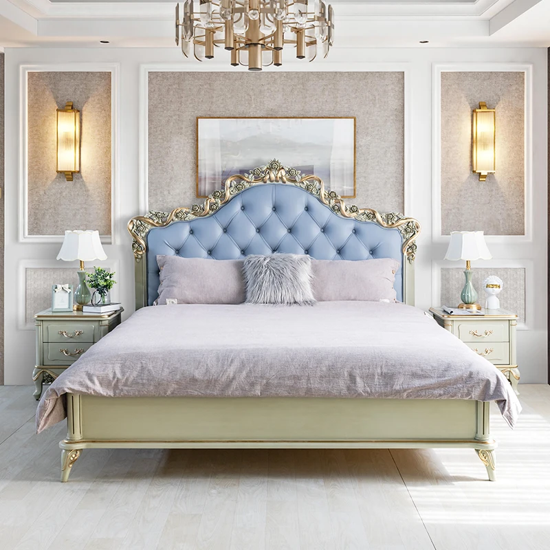

Двуспальная кровать во французском винтажном стиле, роскошная Свадебная кровать 1,8 м, Резная Кровать из массива дерева, кожаная мягкая сумк...