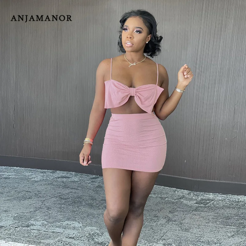 

ANJAMANOR Pink Bow Two Piece Set Sexy Summer Outfits for Women 2021 Fashion Vacation Club Wear Skirt Suits D12-BD20