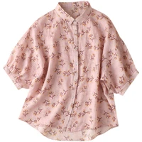 ramie floral blouse casual print new summer loose womens short sleeve shirt turn down collar back to the basics printing