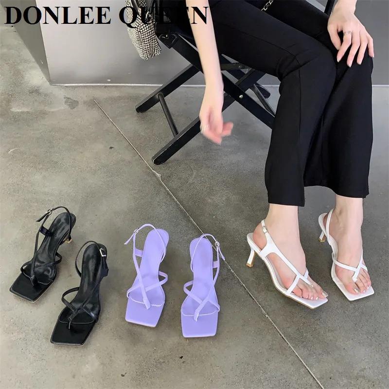 

2022 Fashion Woman Slingback Sandals High Heel Square Toe Elegant Pumps Peep Toe Mule Shoes Slip On Slide Brand Zapatillas Mujer