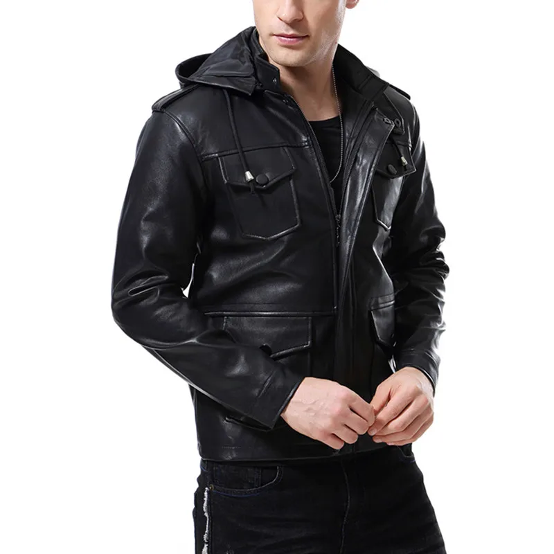 Men's Spring and Autumn Hooded Leather Jacket Long Sleeve Jacket Removable Cap Large Size M-5XL Slim Casual Faux Leather New