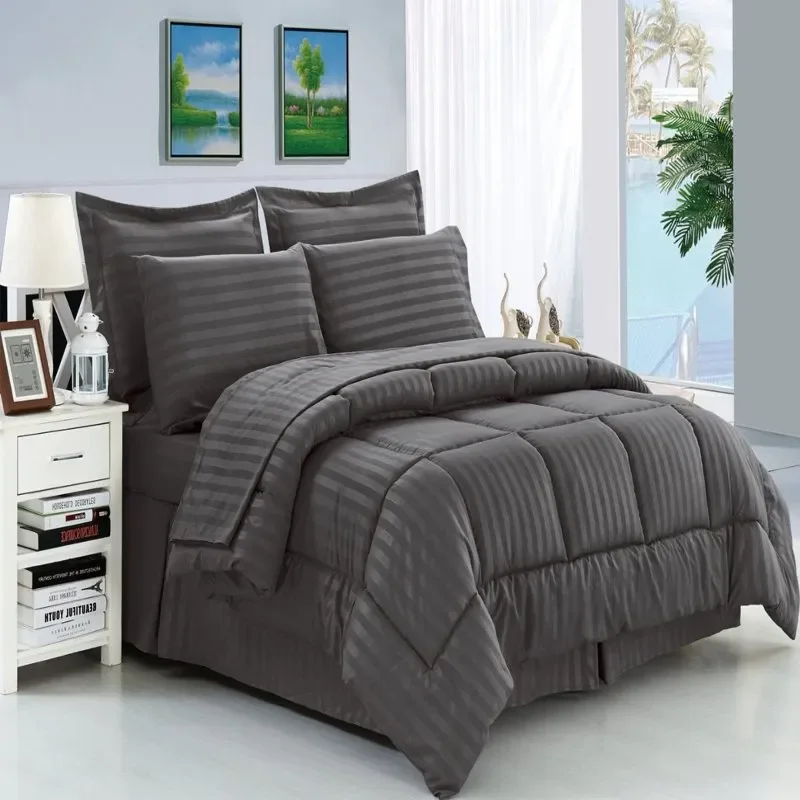 

Hot Sales High Quality Silky Soft Dobby Stripe Bed-in-a-Bag 8-Piece Comforter Set --- Grey For Adults
