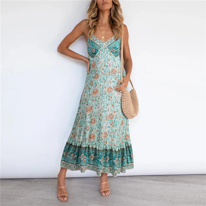 

Summer Fashion Cottagecore Dresses Women Sleeveless V-Neck Boho Dress 2021 Party Club Beach Casual Strap Vestidos Robe Vacation