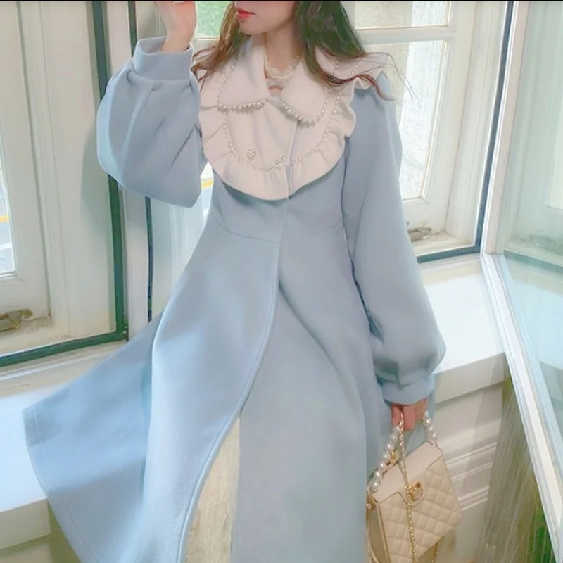

Winter Kawaii Warm Wool Coat Women Patchwork Long Lolita Outwear Jackets Female Korean Fashion Designer Thick Overcoat 2021 New