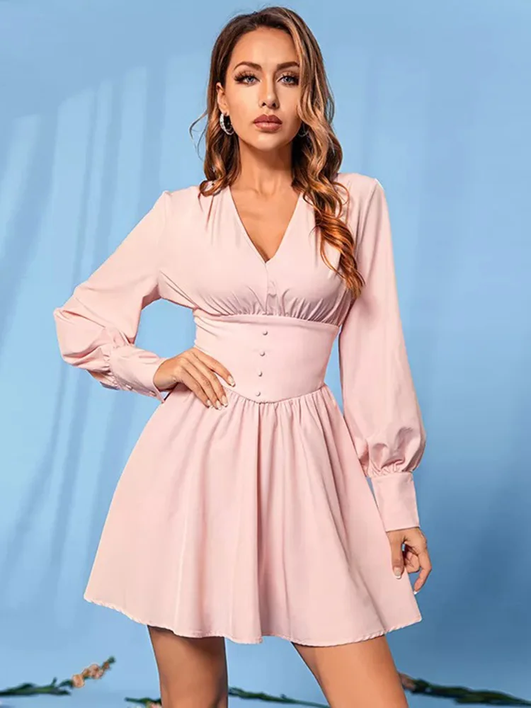 

Trendeez Elegant Fashion Plain V-neck Button Ball Gown Mini Dress