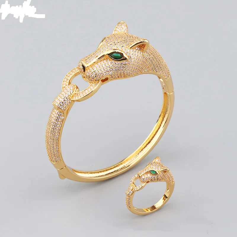 

Женский европейский и американский модный креативный браслет и кольцо с зеленым глазом и леопардовым титановым микро-инкрустацией из циркония AAA