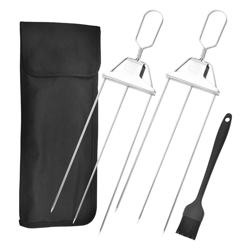 

With Push Bar Reusable Metal Skewer BBQ Fork Skewers For Kabobs,15 Inch 3-Prong Kabob Skewers For Grilling