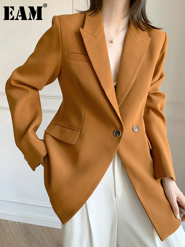 [EAM]  Women Orange Single Button Brief Casual Blazer New Lapel Long Sleeve Loose Fit Jacket Fashion Spring Autumn 2023 1DE9386