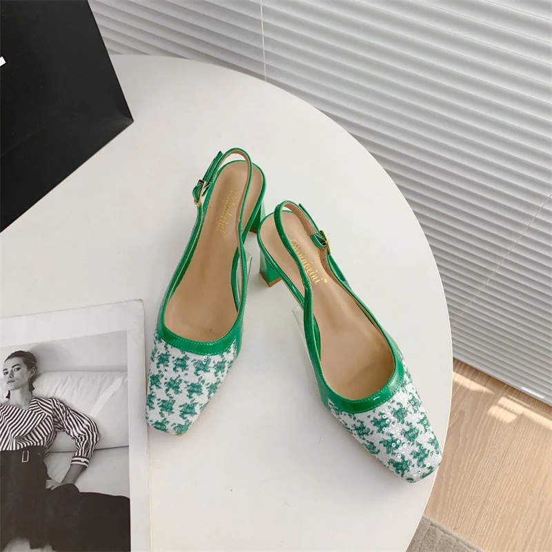 

2022 High-heeled shoes, women's stiletto heels, spring and summer new niche pointed toe plaid shoes, rhinestone toe sandals PU