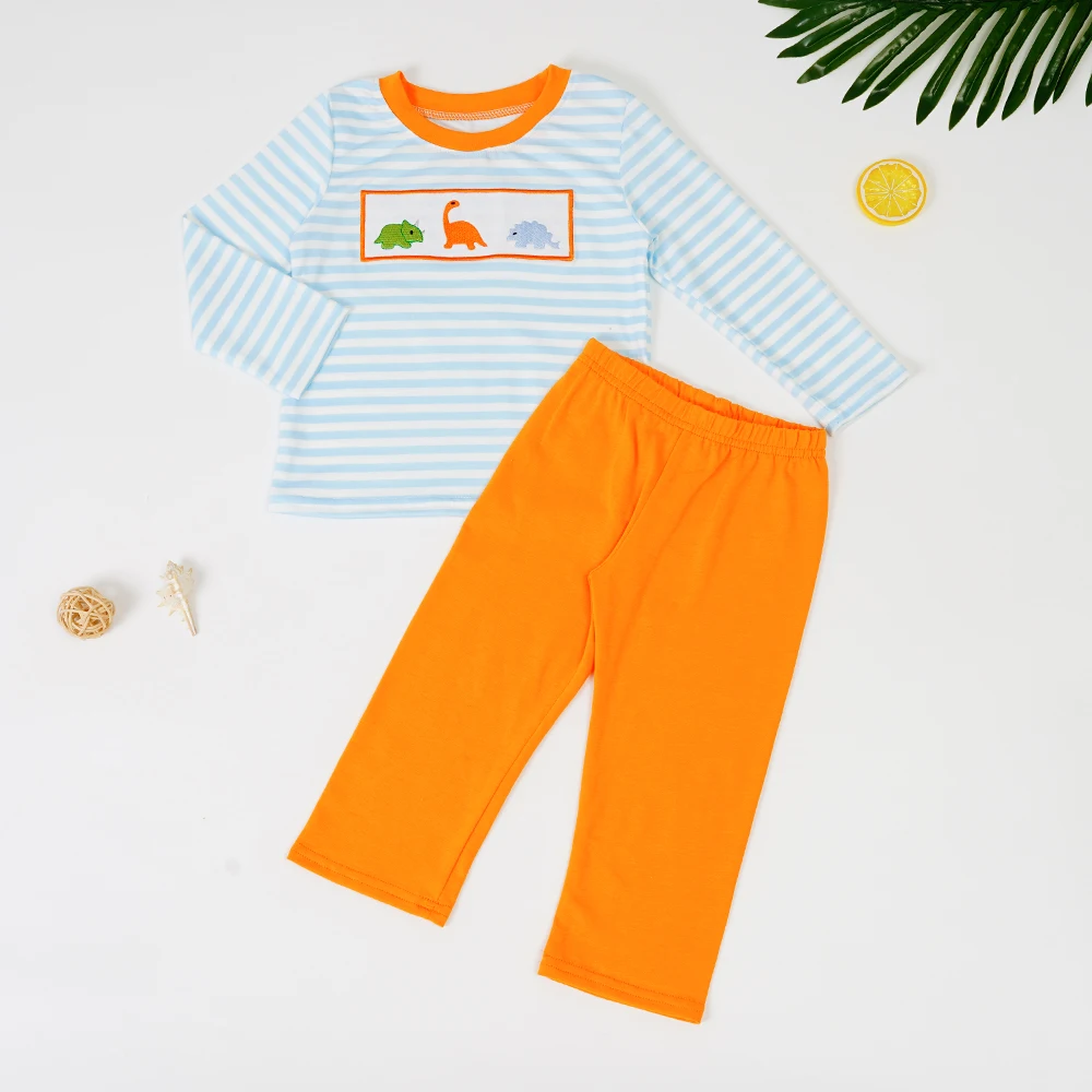 

0-8Yrs Outfits For Boy's Baby 2Pcs Sets With Cartoon Embroiderey High Quality Suit In Hot Sale Casual Top With Sky Blue Stripe