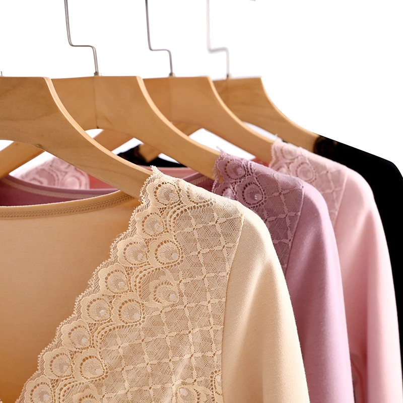 Velvet Long-sleeved Women Clothes Tight-fitting Thermal Woman Underwear Plus Velvet Thick V-neck Lace Bottoming Shirt Warm