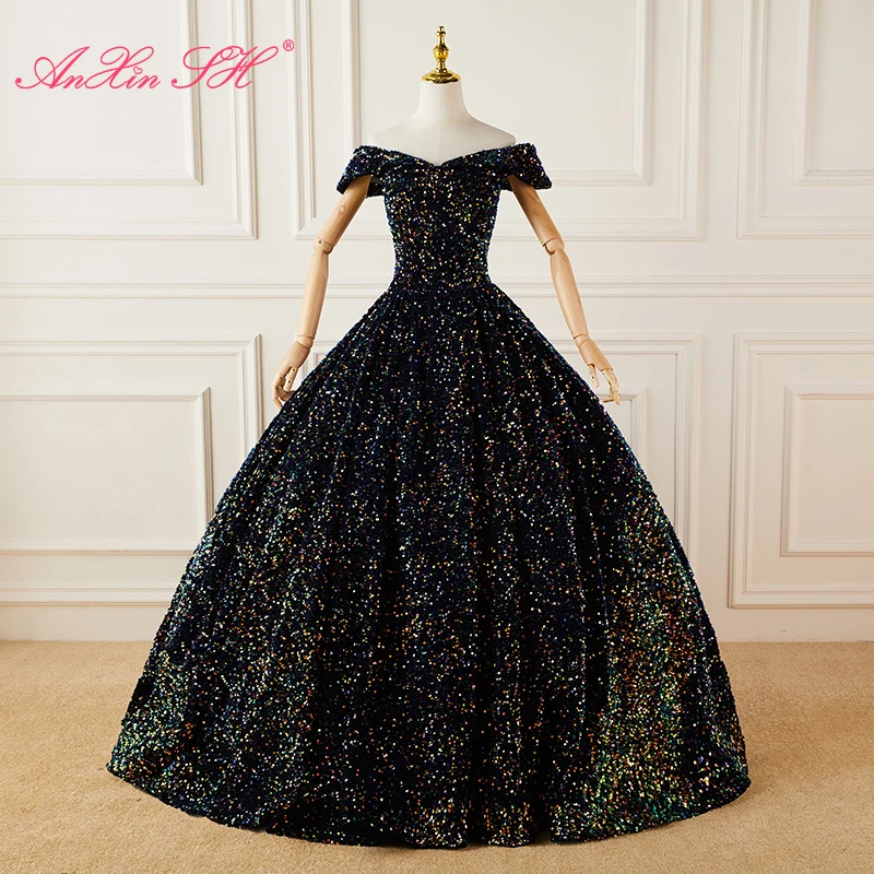 

AnXin SH princess navy blue sparkly lace boat neck beading colorful sequins ball gown party host bride lace up evening dress